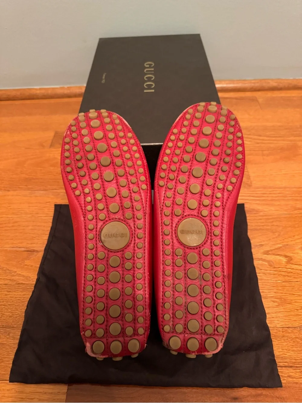 Gucci Red Leather Horsebit Loafers with Black Web Trim